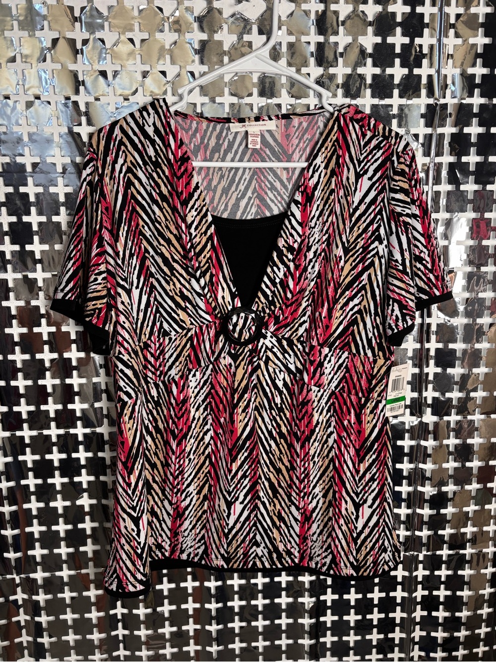 JM Collection Black, Pink & Cream V-Neck Ring-Front Short Sleeve Tunic